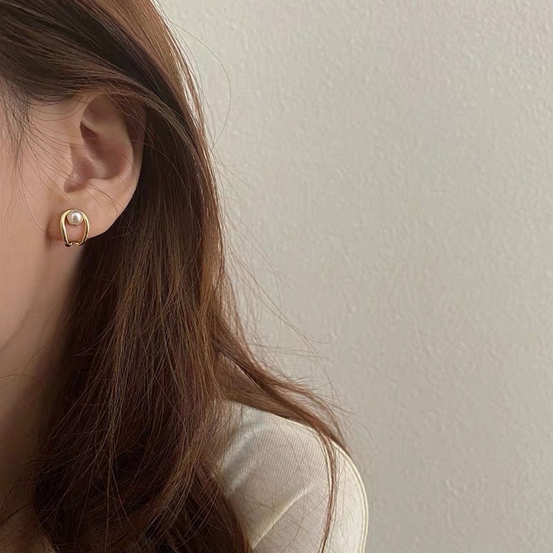 Khuyên tai chốt xỏ bạc S925 thiết kế dáng chữ U đính hạt ngọc trai nhân tạo phong cách Hàn Quốc đơn giản thời trang