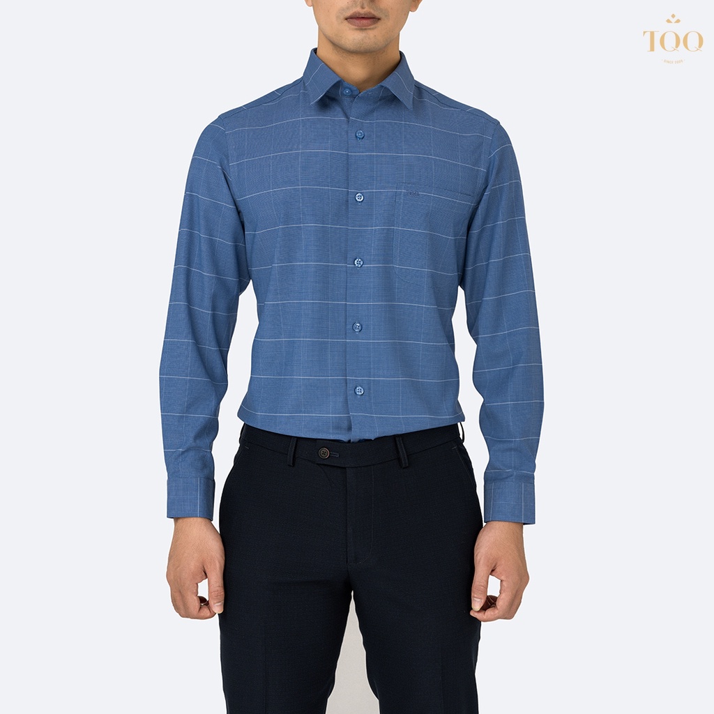 Áo sơ mi nam dài tay TQQ dáng Slim fit công sở ôm nhẹ K143CS-CSB xanh biển kẻ trắng nhã nhặn lịch sự