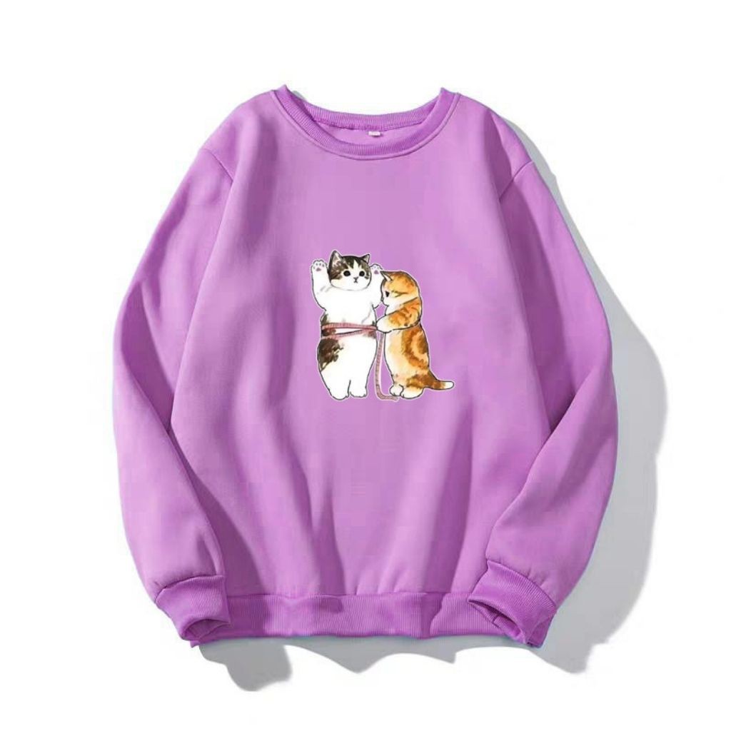 ÁO SWEATER NỈ UNISEX IN CẶP ĐÔI MÈO BUỘT DÂY SIÊU DỄ THƯƠNG ÁO NỈ TAY DÀI FORM NAM NỮ ĐỀU MẶC ĐƯỢC