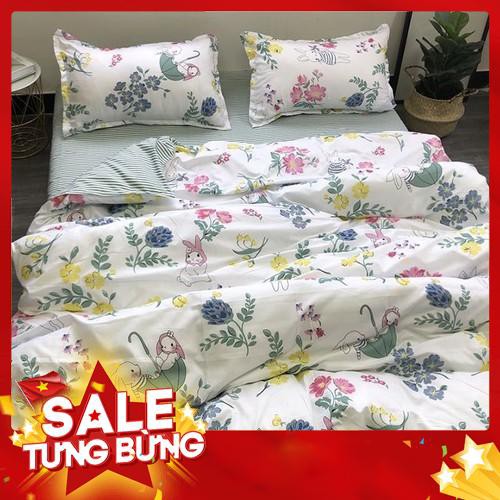 Bộ chăn ga gối , drap giường chất cotton poly họa tiết thỏ hoa