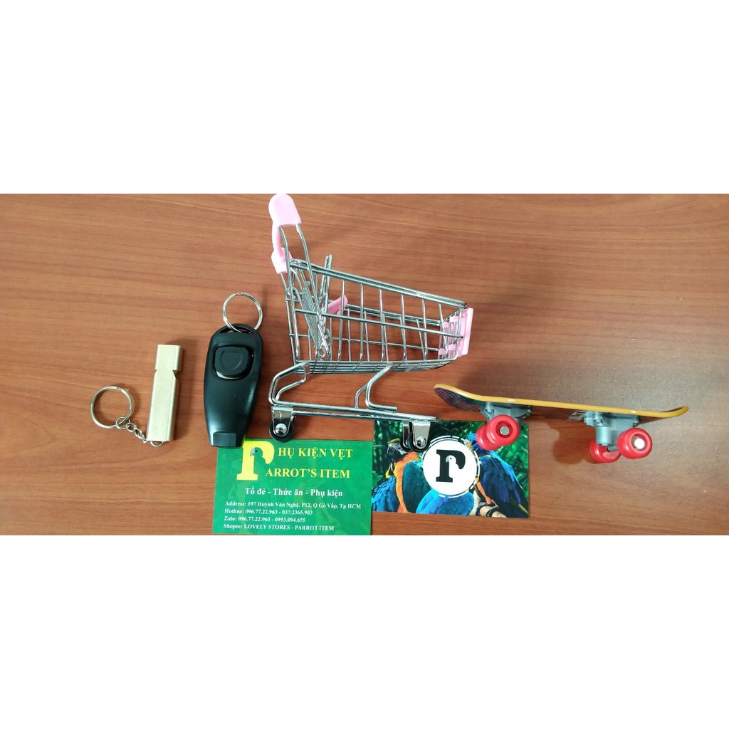 4 MÓN ĐỒ HUẤN LUYỆN CHO CHIM, VẸT (CLICKER+CÒI KÉP+XE ĐẨY+VÁN TRƯỢT LỚN)