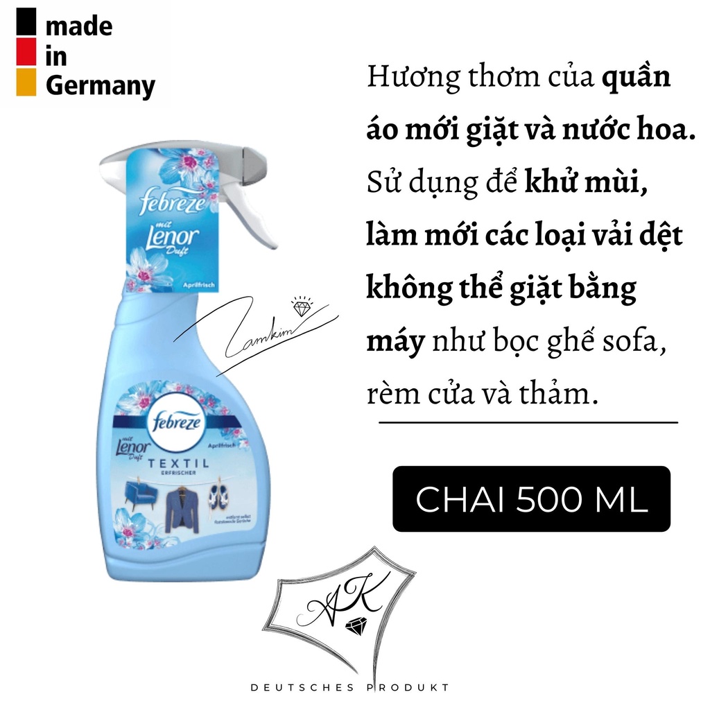 [ Hàng Đức ] Xịt thơm quần áo Febreze, chăn gối, sofa, ô tô, thảm - nội địa Đức - Xịt thơm Febreze - 500ml