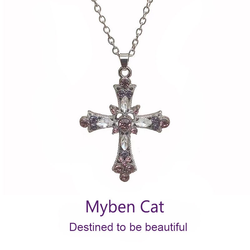 Vòng Cổ Dây Xích Mặt Thánh Giá Màu Hồng / Tím Đính Đá Zircon Y2K Phong Cách Gothic Punk Mới Cho Nữ