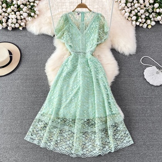 #1030 [Order] Đầm ren hoa 2 lớp màu xanh lá đủ size chiết eo siêu xinh