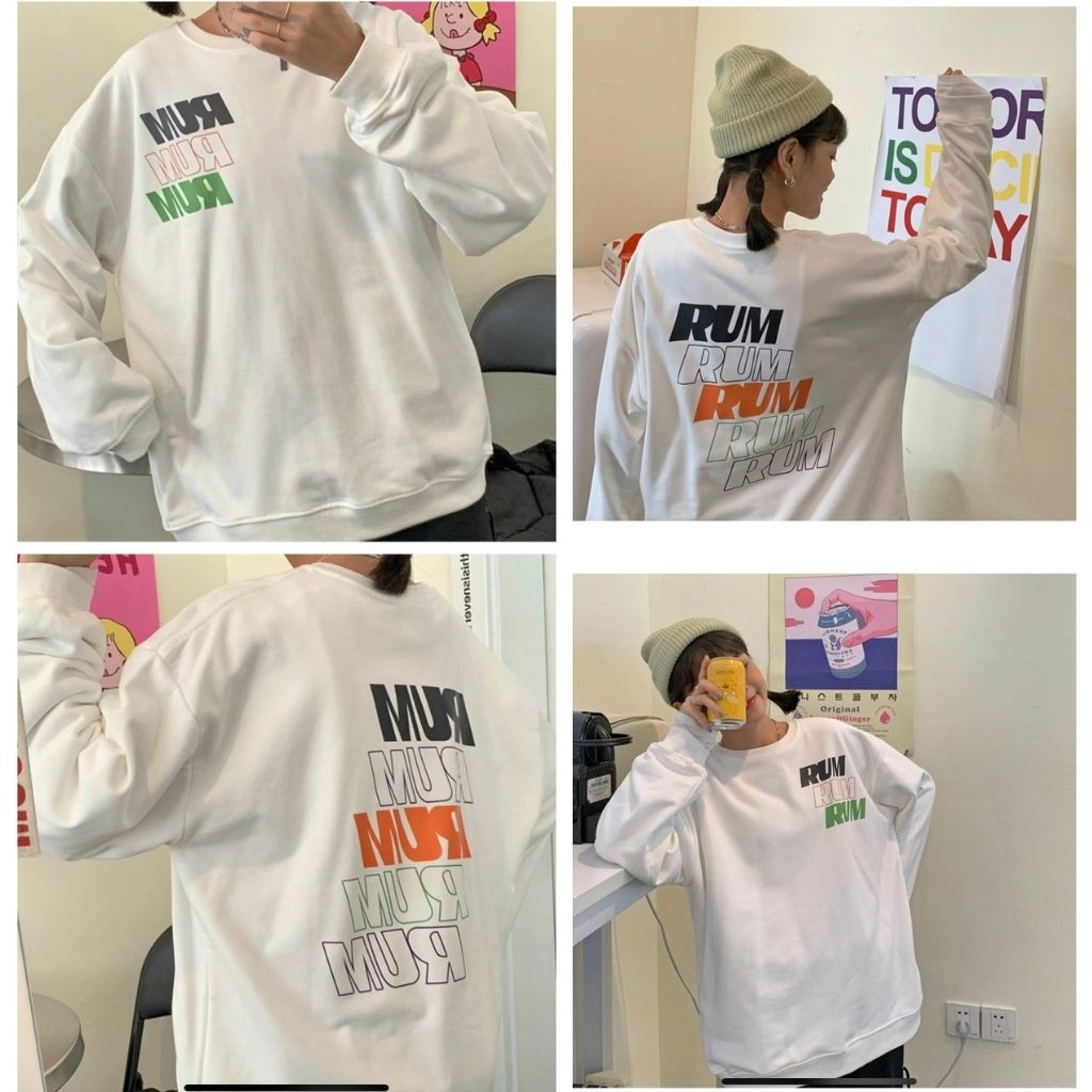 ÁO SWEATER NỈ UNISEX KHÔNG NÓN RUM RUM RUM ÁO FORM RỘNG NỮ MÀU TRẮNG CỰC ĐẸP