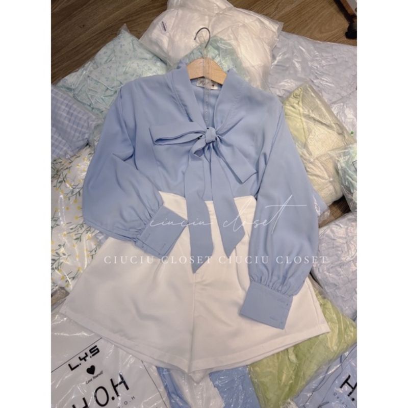 SET ÁO SƠ MI XANH CỘT NƠ TAY DÀI VỚI QUẦN TRẮNG