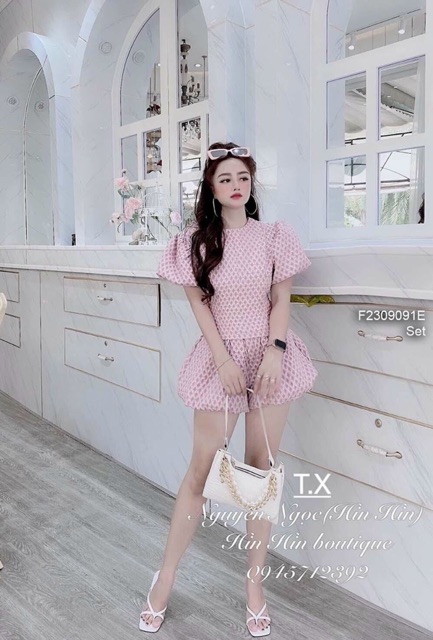 Set gấm xốp áo cổ tròn tay phồng phối quần short bí!