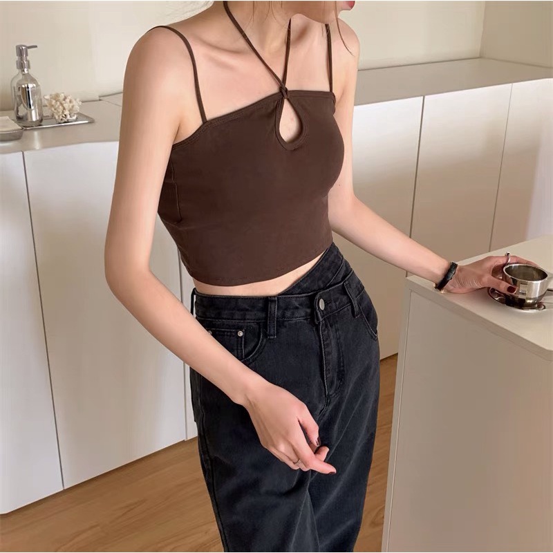 Áo 2 dây ôm cổ khoét thắt dây có mút , áo bra có mút 2 dây yoome clothing