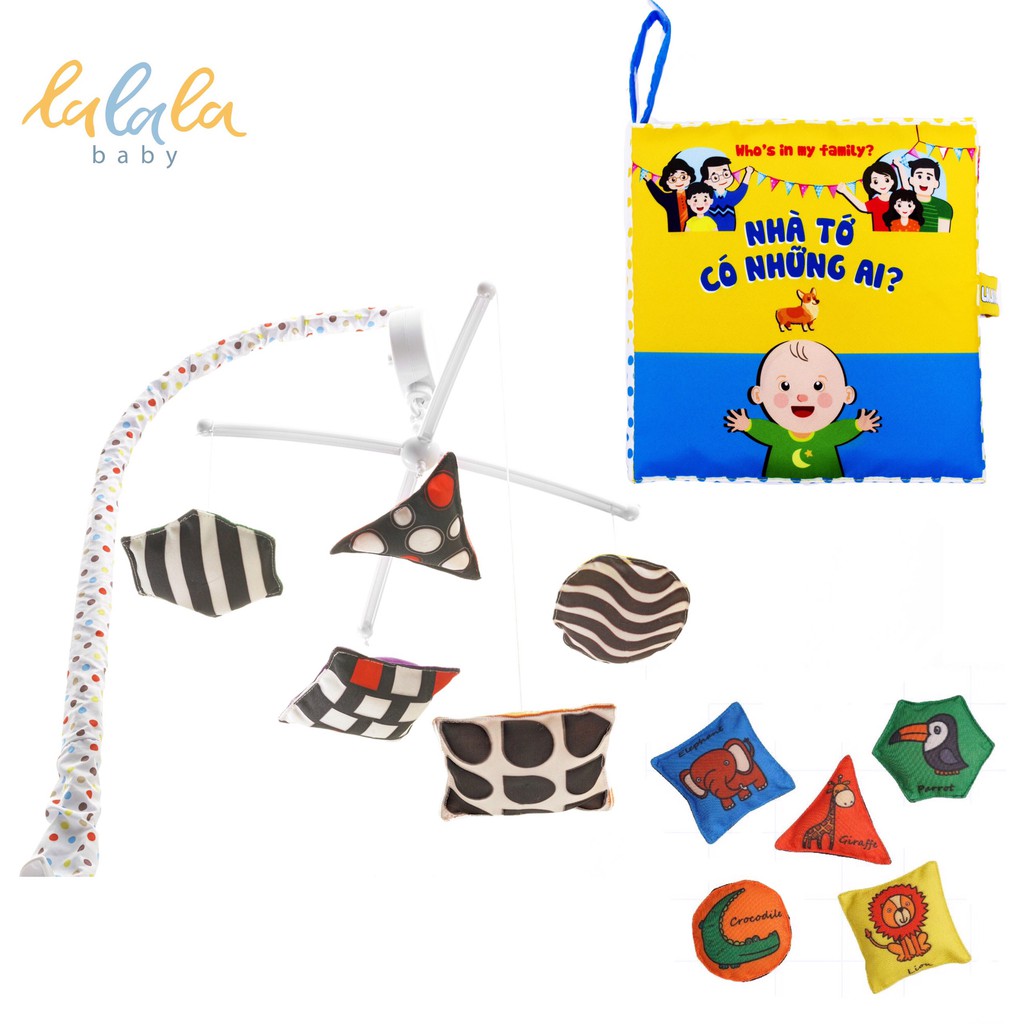 Set đồ chơi cho trẻ sơ sinh: Treo cũi phát nhạc và sách vải kích thích đa giác quan Lalala baby Nhà tớ có những ai?