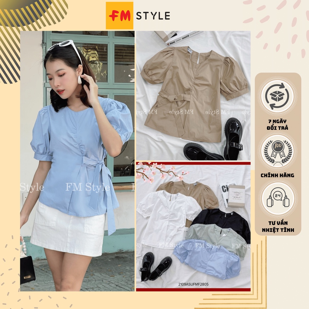 Áo kiểu nữ bánh bèo tay phồng thắt dây eo fmstyle, áo kiểu hàn quốc cổ tròn phong cách tiểu thư | Fmstyle Shop 220328426