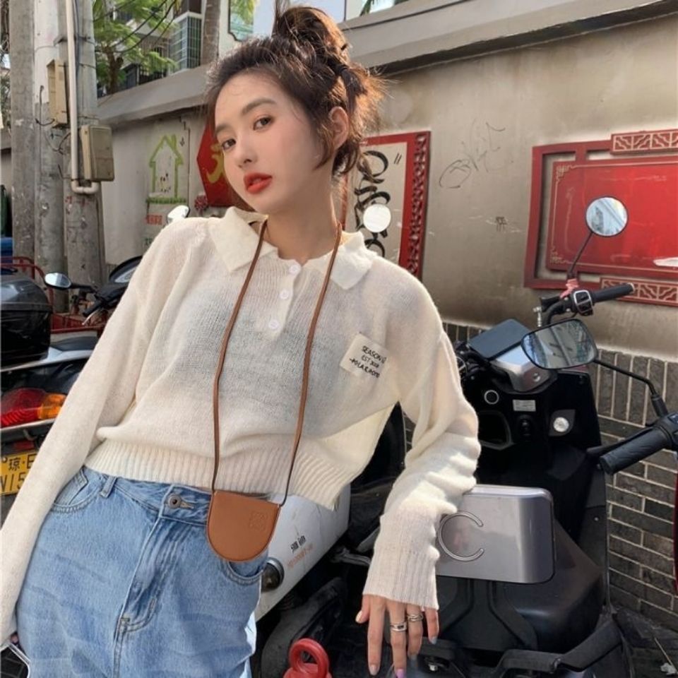 Áo thun Polo dệt kim mỏng tay dài dáng rộng cổ Polo thời trang mùa hè Hàn Quốc mới cho nữ
