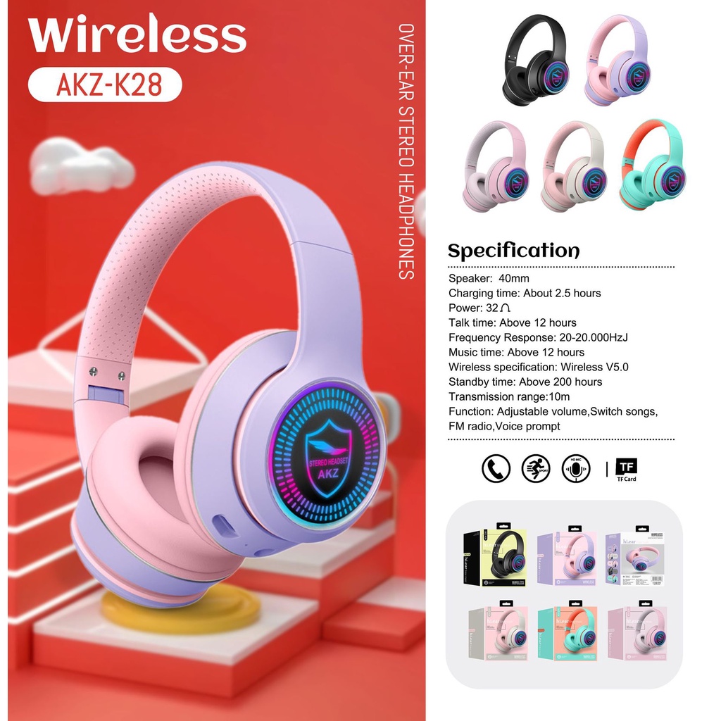 Tai Nghe/Headphone Bluetooth 5.0 K28 Tích Hợp Đèn LED Phát Sáng Chất Lượng Âm Thanh Nổi Kiểu Dáng Sành Điệu