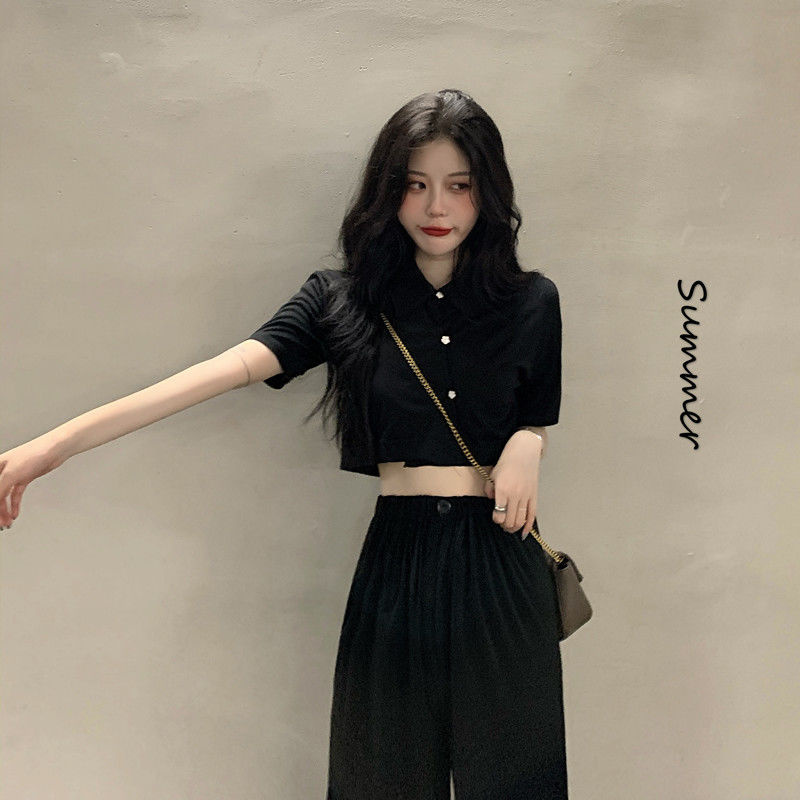 Set Áo Croptop Tay Ngắn + Quần Ống Rộng Thời Trang Mùa Hè Dành Cho Nữ