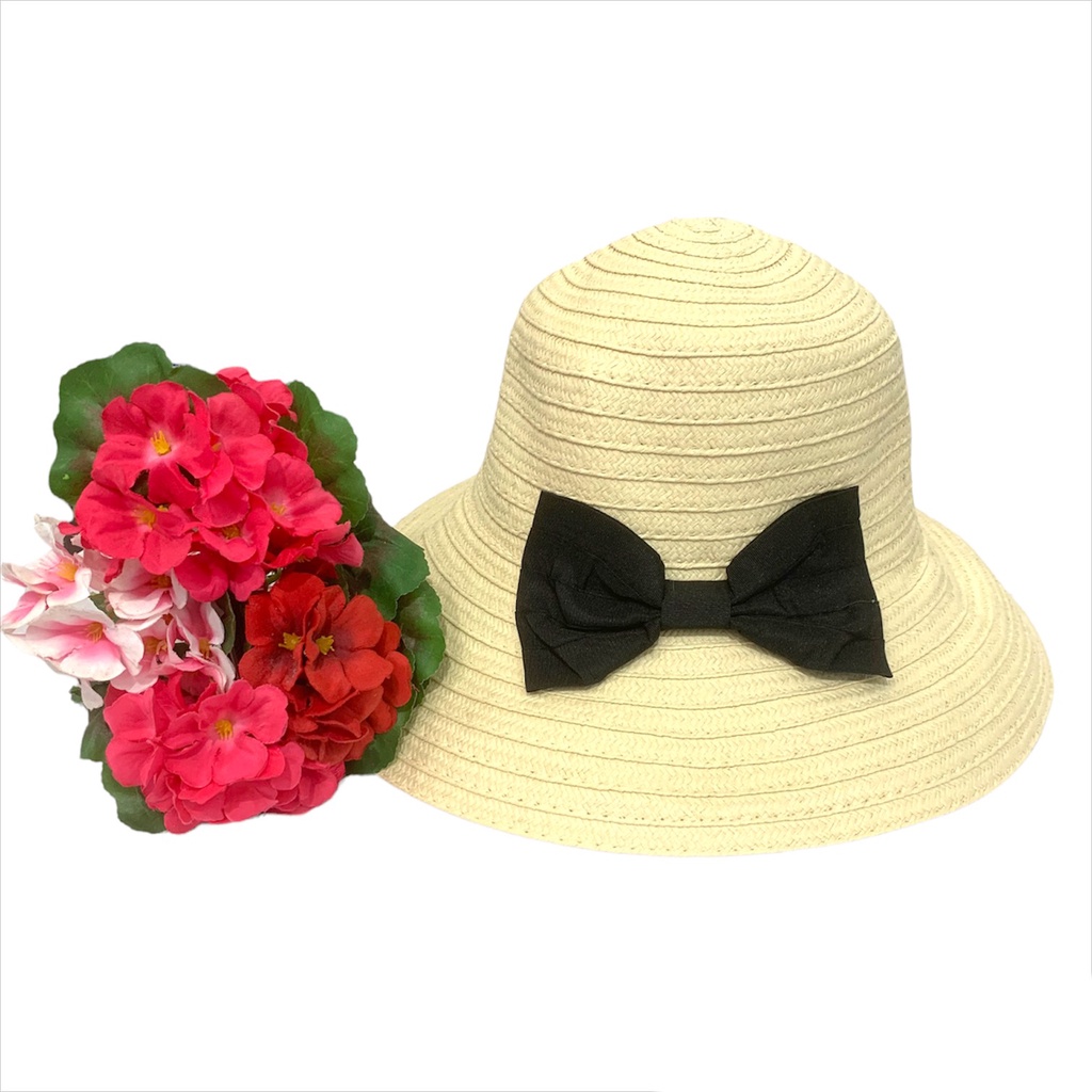 Daiso Mũ Vành Rộng 57cm màu Beige có Nơ Đen số 12