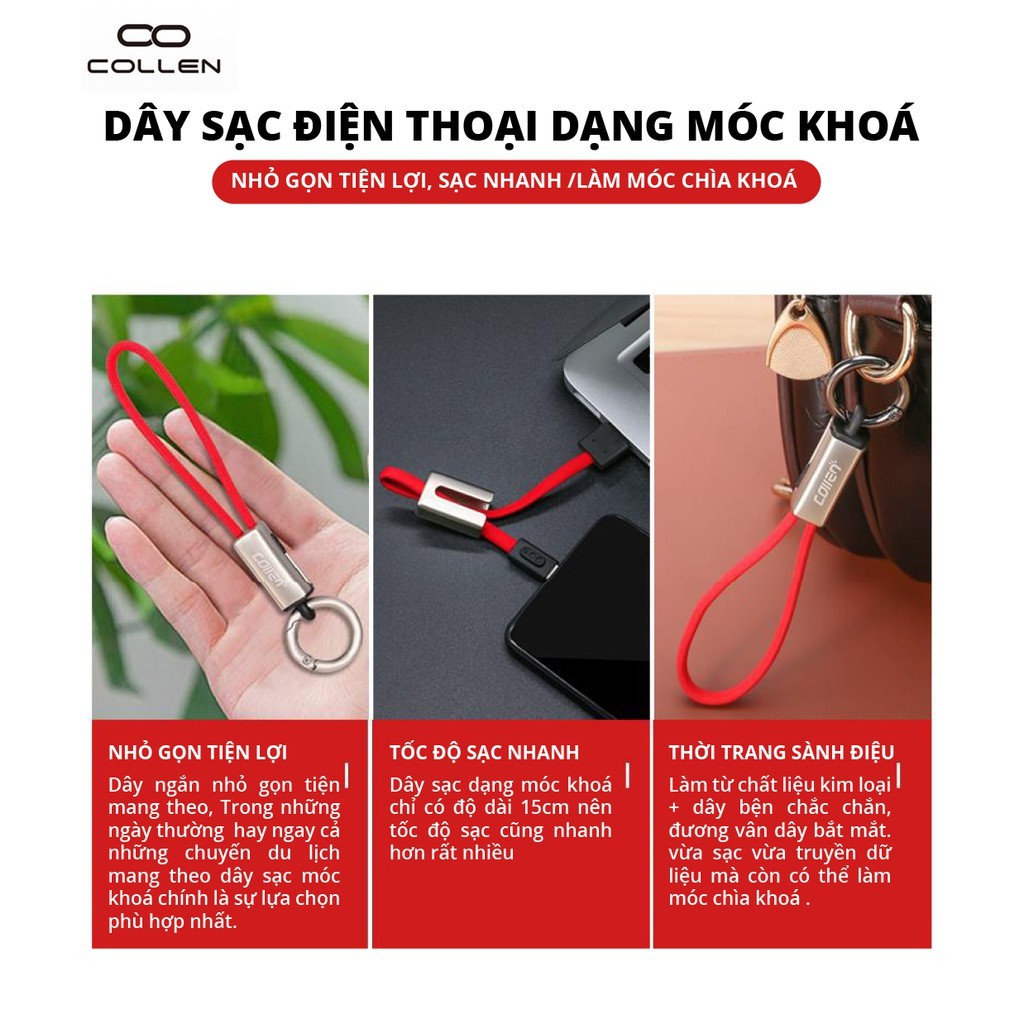 Dây sạc ĐT IP,type C,micro,cạp sạc truyền dữ liệu,kiểu móc khóa COLLEN