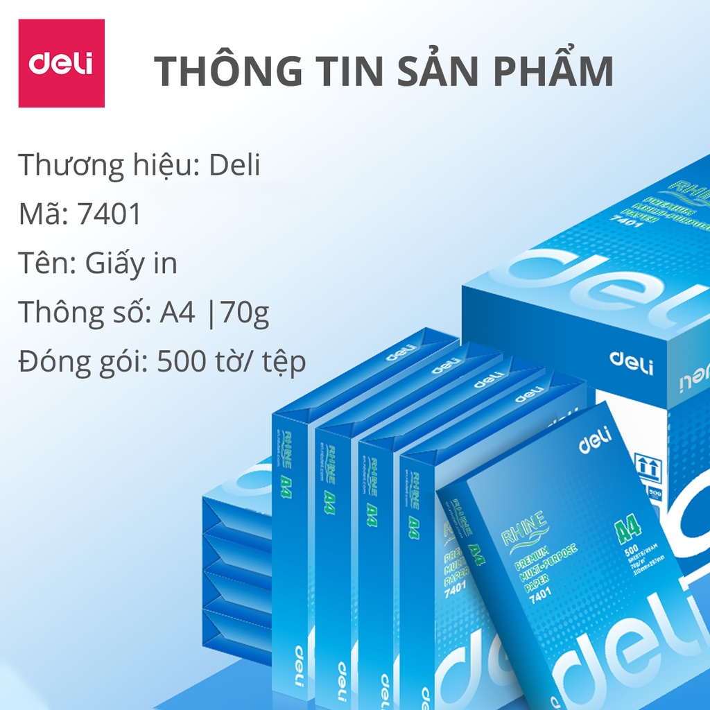 Giấy in A4 cao cấp Deli định lượng 70gsm - Tệp 500 tờ, chống tích điện, chống lóa - W7401