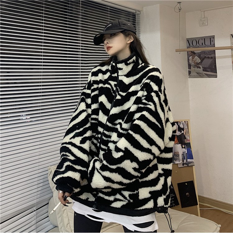 Áo khoác mùa đông unisex, áo lông oversize mặc được 2 kiểu họa tiết ngựa vằn (hàng order không có sẵn)