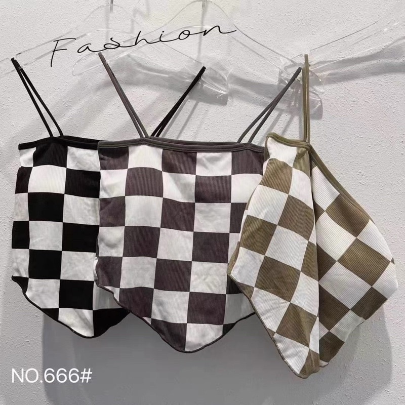 áo 2s 2 dây cotton tăm kiểu vạt yếm hoạ tiết sọc caro - ô bàn cờ hot hit (có đệm mút liền áo) 666#