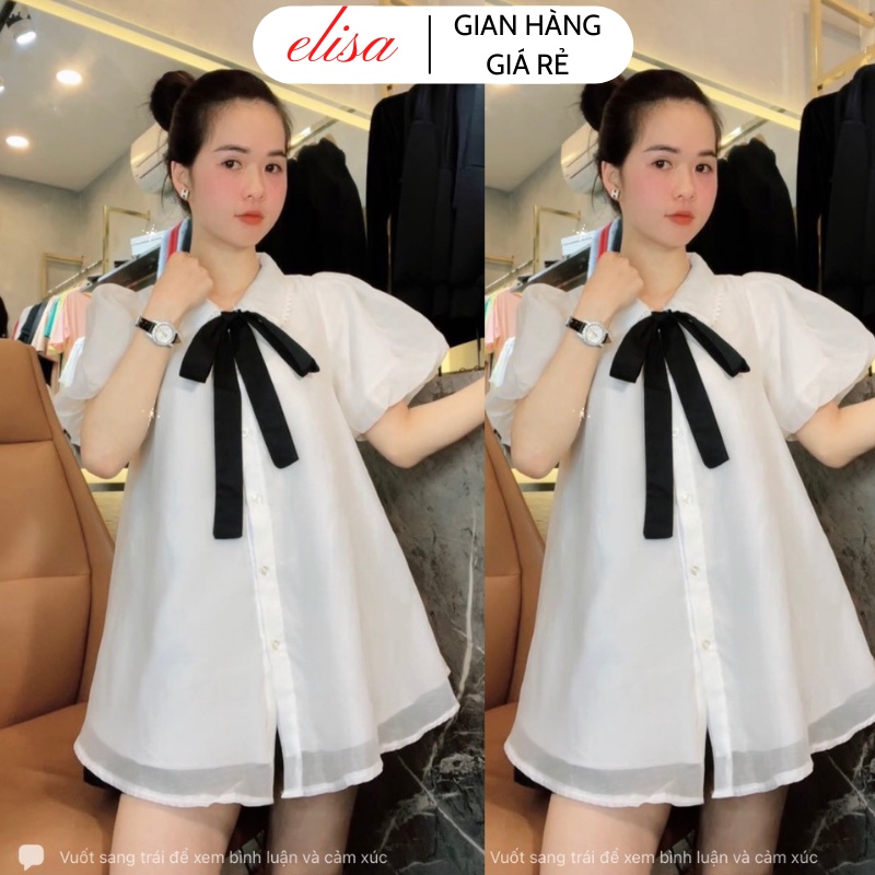 Áo sơ mi nữ, Sơ mi nữ kiểu tay bồng cổ nơ cực xinh phong cách hàn quốc M027