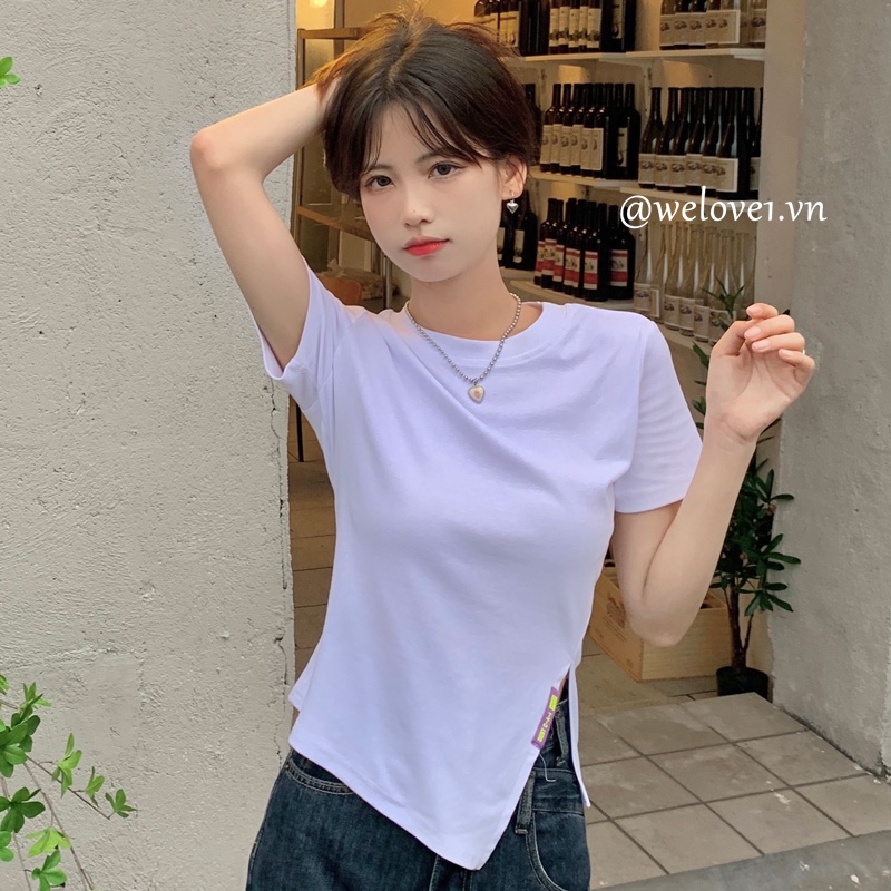 Áo Thun Tay Ngắn Cổ Tròn Xẻ Tà Thời Trang Dành Cho Nữ