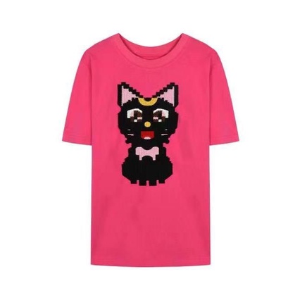 Áo thun Pure Cube tay ngắn cổ tròn thêu họa tiết hoạt hình mèo hồng phong cách Hàn Quốc thời trang cho nữ