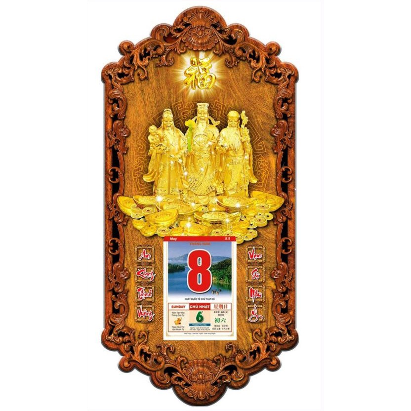 Lịch gỗ phong thủy Tam Đa - Phúc Lộc Thọ treo tường