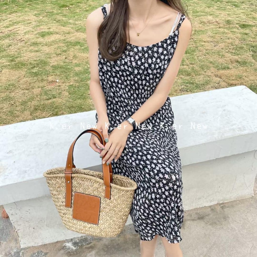 Váy hoa nhí hai dây maxi dáng dài điệu đà vintage gợi cảm style Hàn Quốc - Xưởng May Hạnh Hồng