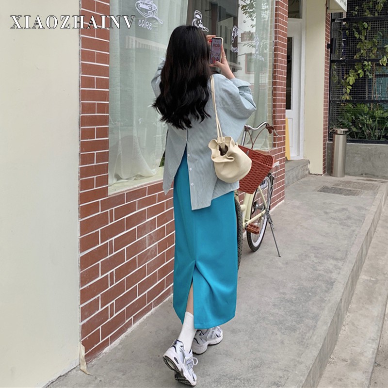Xiaozhainv Áo Sơ Mi Dài Tay Họa Tiết Sọc/ Chân Váy Xẻ Tà Thời Trang Cho Nữ