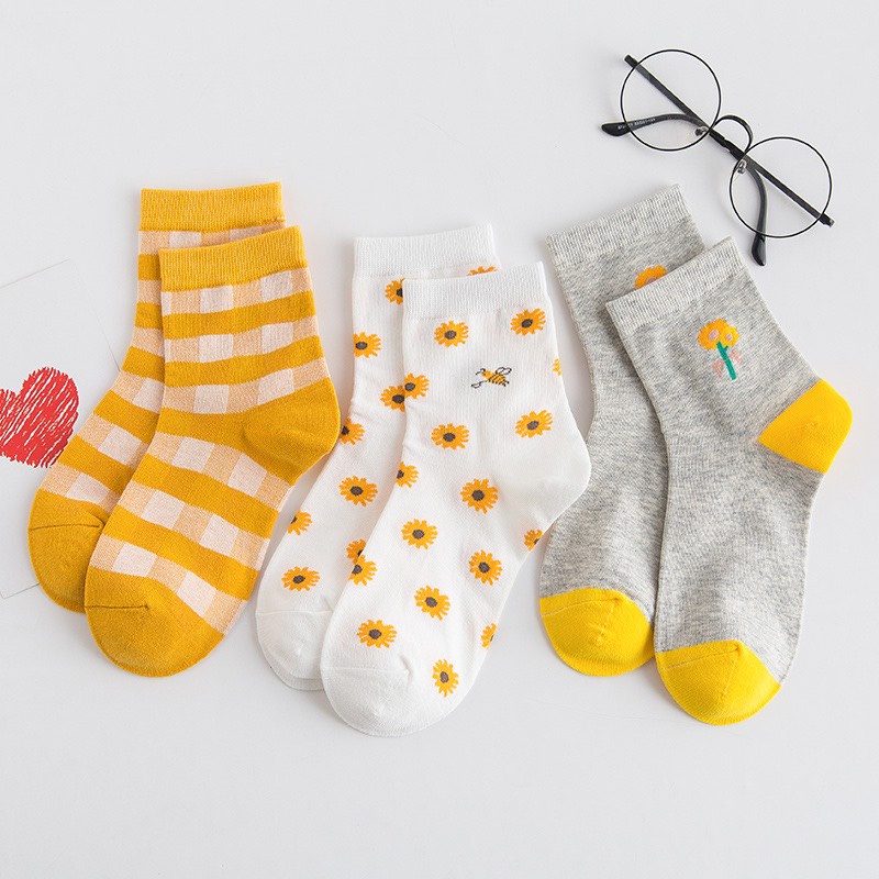Set 3 đôi tất cổ cao Bivota vớ nữ dễ thương tone vàng vintage ngọt ngào T99
