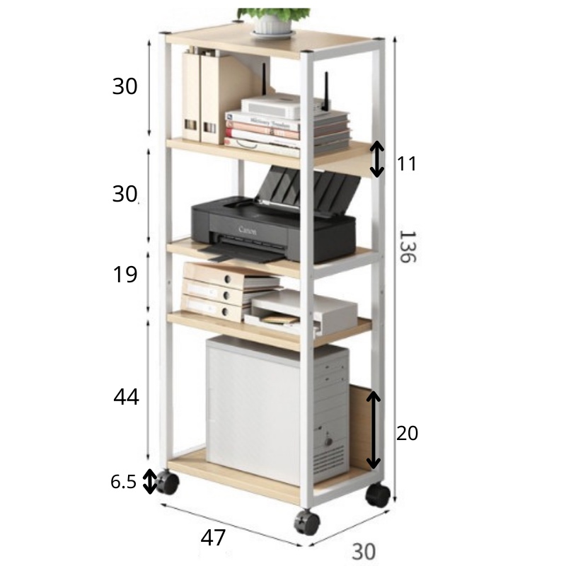 Giá sách khung sắt 5 tầng màu gỗ sáng, kệ để sách mặt gỗ MDF dễ lau chùi có bánh xe di chuyển thông minh