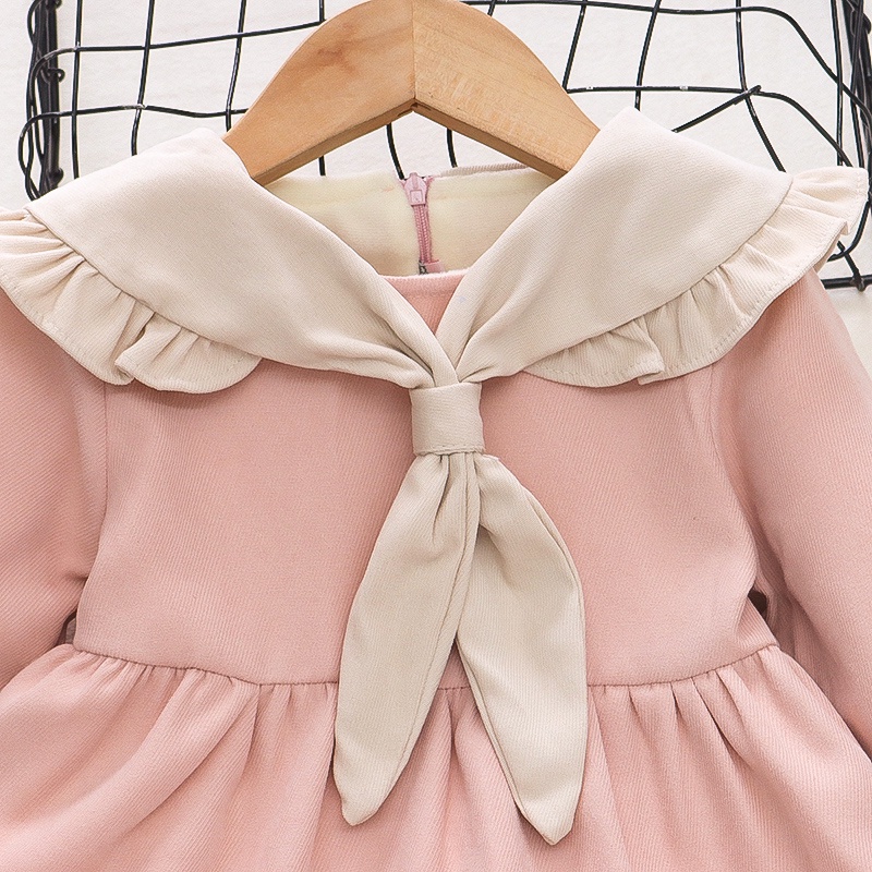 Đầm Công Chúa Tay Dài Phối Bèo Đính Nơ Màu Trơn Thời Trang Thu Đông Cho Bé Gái 0-3 Tuổi