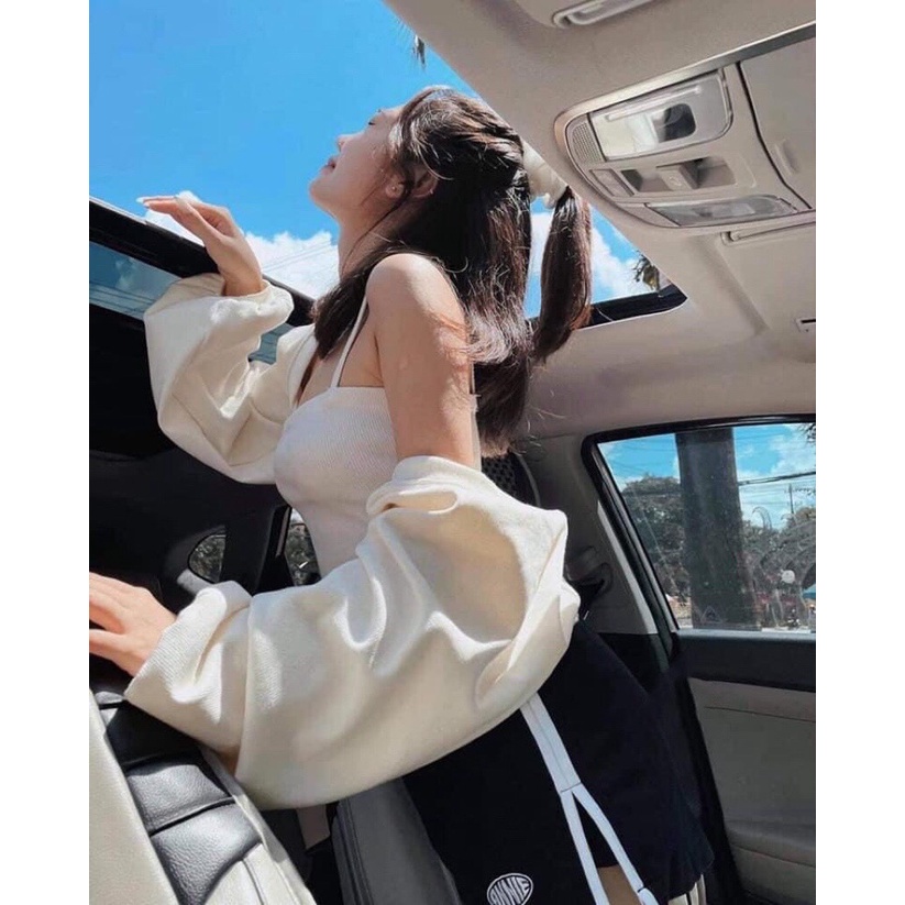Set Áo Hai Dây + Áo Khoác Cardigan Màu Trơn Croptop - Bộ Áo Khoác Cánh Dơi Tay Phồng Dài Tay Áo Quây Nữ Trắng