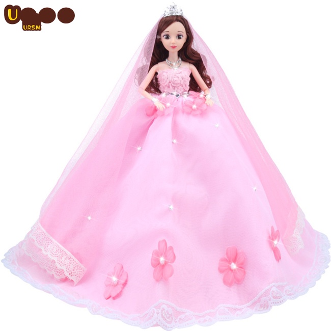 Đầm Cưới Đính Hoa Và Ngọc Trai Hồng Kèm Mạng Che Mặt Cho Búp Bê 12"