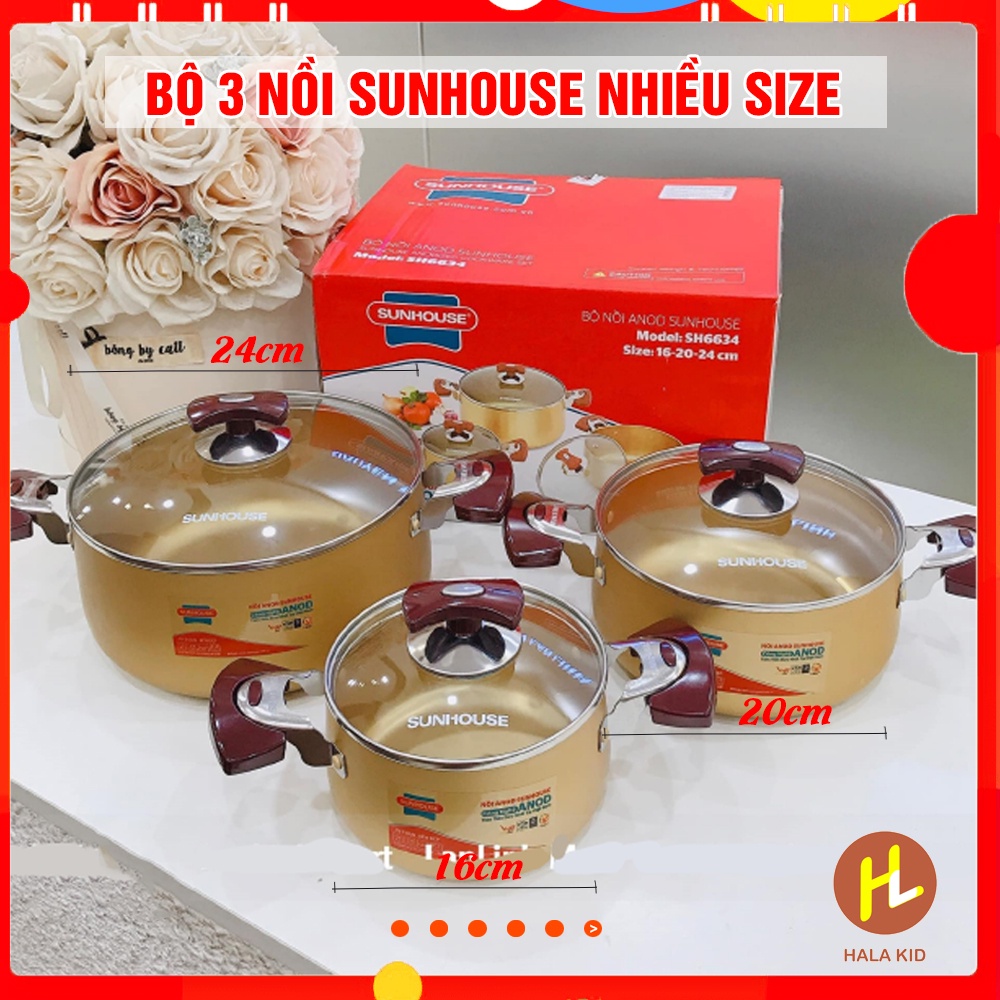 Bộ 3 nồi sunhouse size 16-20-24cm bền đẹp, chắc chắn (màu vàng đồng)