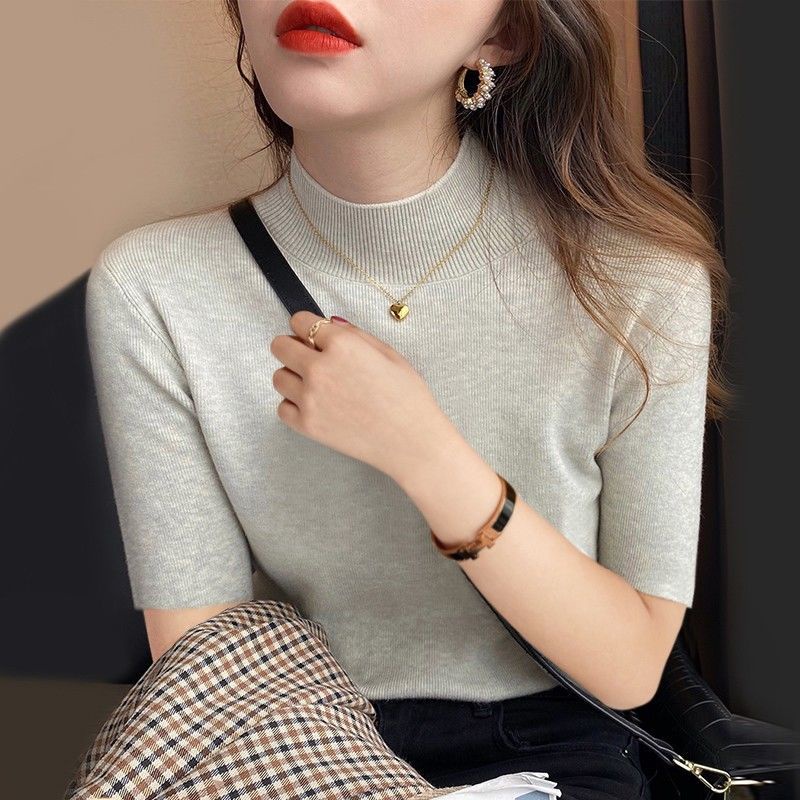 Áo Thun Tay Lửng Cổ Cao Vừa Vặn Phong Cách Phương Tây Thời Trang Xuân Thu Mới Cho Nữ