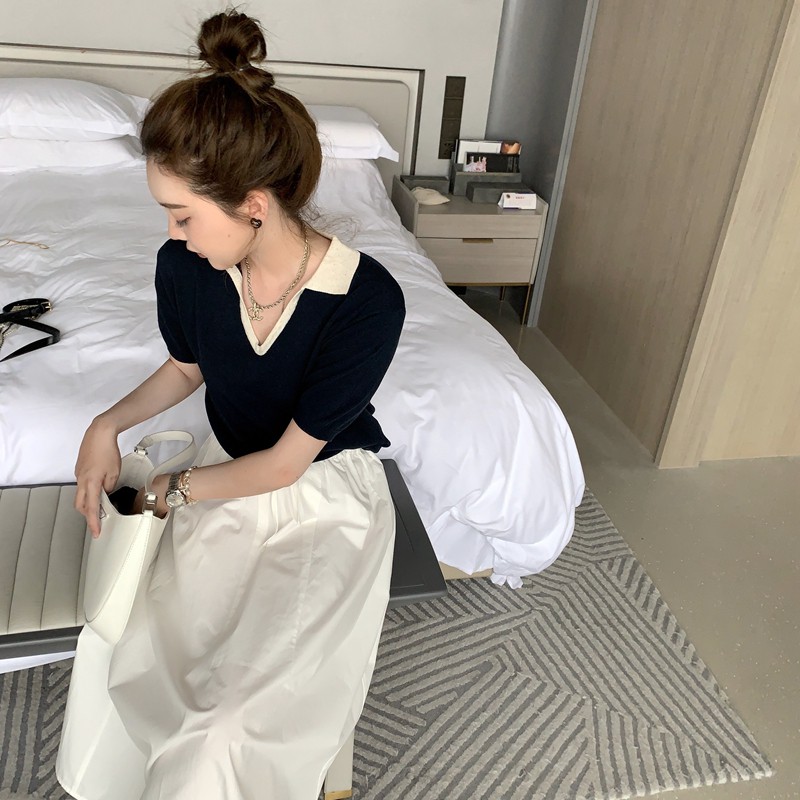 Xiaozhainv áo polo Dệt Kim Tay Ngắn Phong Cách Retro Hàn Quốc Thời Trang Cho Nữ 2 Màu Lựa Chọn