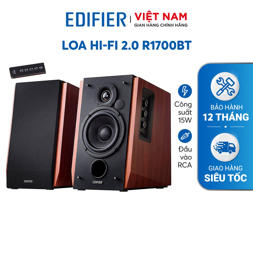 Bộ loa không dây Bluetooth EDIFIER 2.0 R1700BT - Hỗ trợ cổng cắm RCA - Có remote điều khiển - Vỏ gỗ chống dội âm