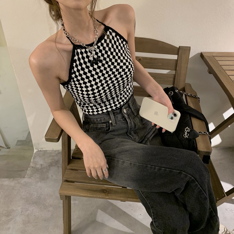 Áo hai dây sọc caro trắng đen cá tính thoải mái thời trang mùa hè phong cách Hàn Quốc