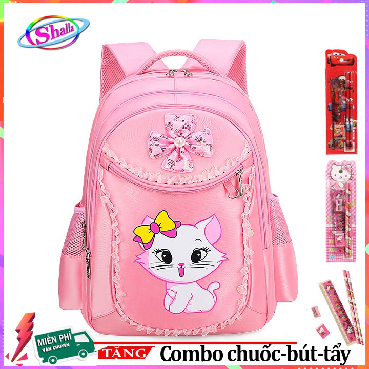 Balo cho trẻ em đi học lớp 1 đến 5 in hình mèo hoa thời trang hàn quốc tặng combo 4 món