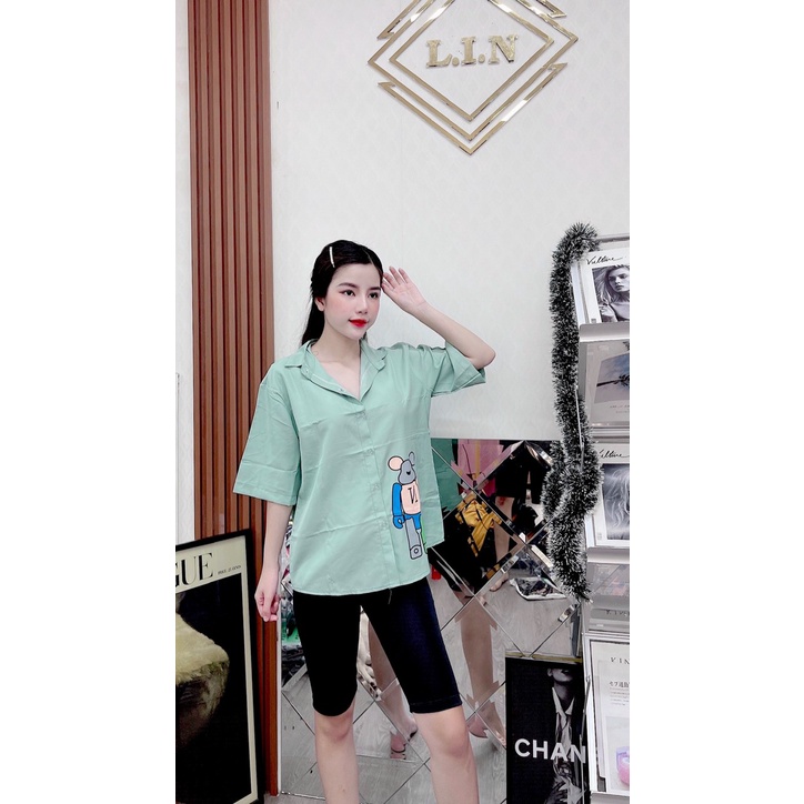 Set áo sơ mi from rộng quần thun ngố in hình gấu, set bộ lửng gấu, bộ đồ mặc nhà, đi chơi thoải mái, trẻ trung(ảnh thật)