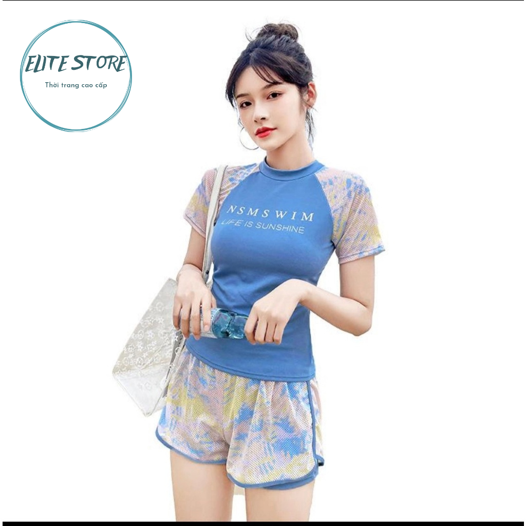 Đồ bơi nữ, đồ tắm biển ngắn tay quần short năng động, áo bơi kèm mút ngực, quần 2 lớp kín đáo B4048