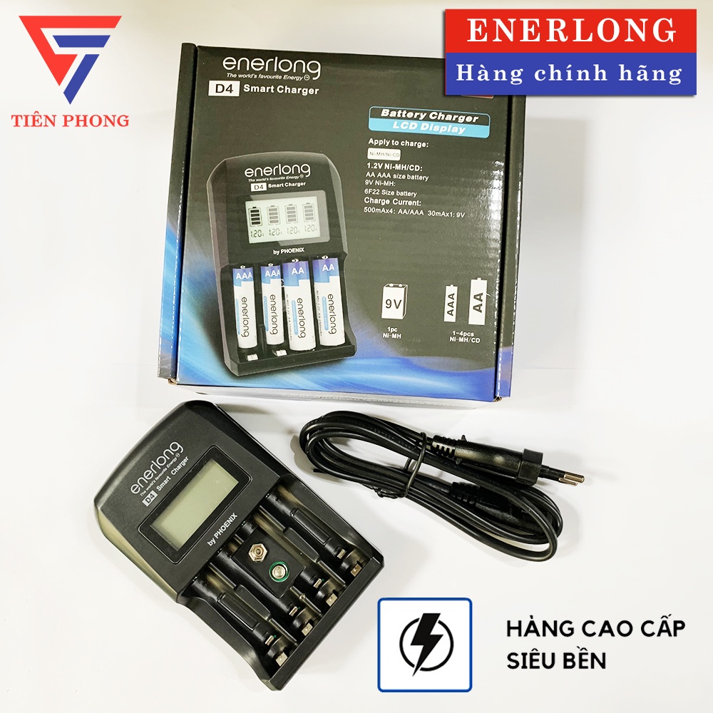 Máy sạc pin AA, AAA, 9V ENERLONG D4 Smart charger (Hàng nhập khẩu) - Có màn hình hiển thị V và dung lượng pin sạc