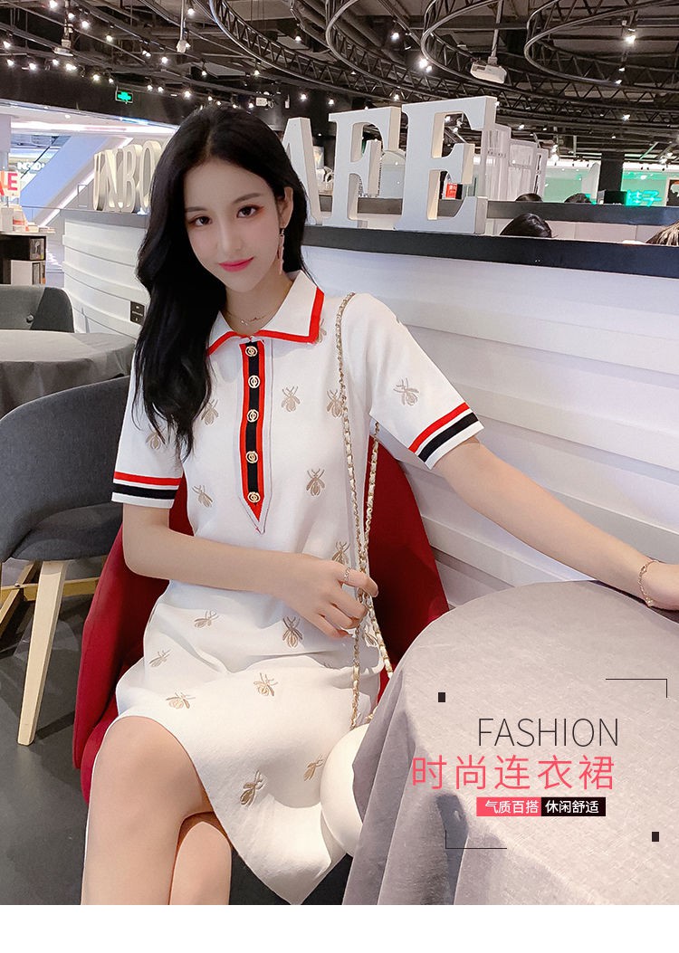 Váy dệt kim thêu hình con ong nhỏ thời trang, cổ áo POLO phiên bản Hàn Quốc mới, váy ngắn tay mỏng | BigBuy360 - bigbuy360.vn