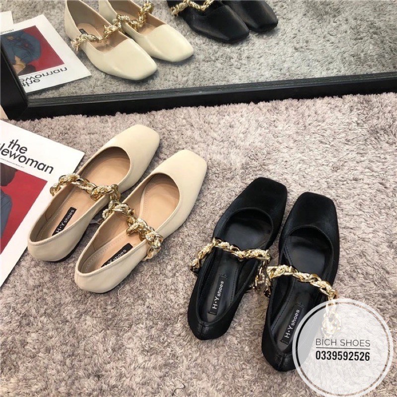 Giầy búp bê, giầy đế bằng, giầy bệt mũi vuông quai ngang dây xích | BigBuy360 - bigbuy360.vn