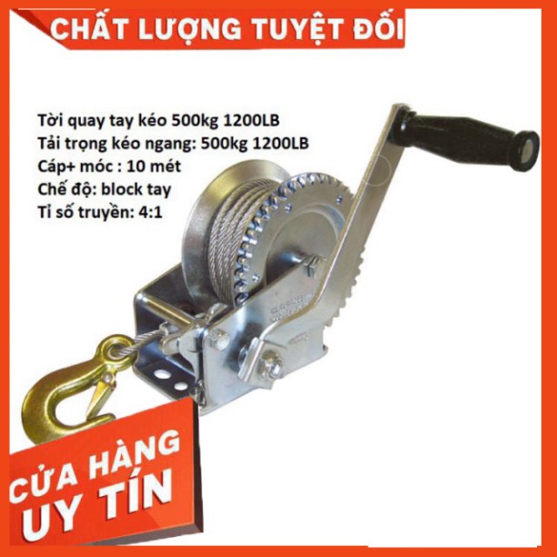 Tời Quay Tay 1200 LBS Tải Trọng 500 Kg Có Cáp Móc 10 Mét Liên Sơn Kho Miền Nam