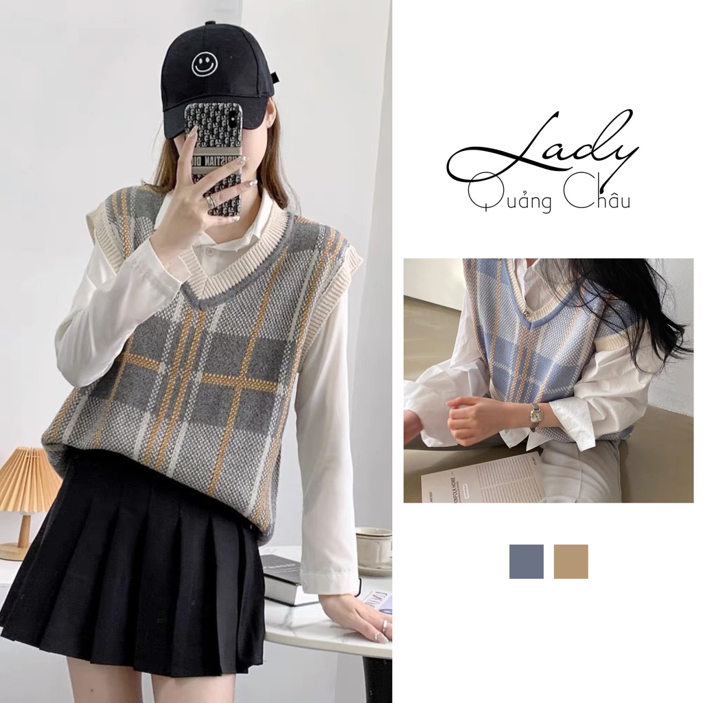 Áo gile kiểu hàn họa tiết phối màu vintage vải len form vừa Ladyquangchau GL7