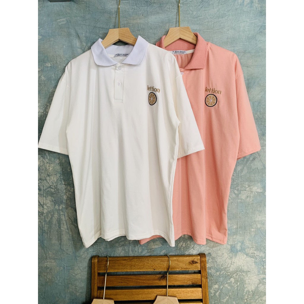 Áo thun polo phom rộng tay lỡ Unisex thêu trái cây