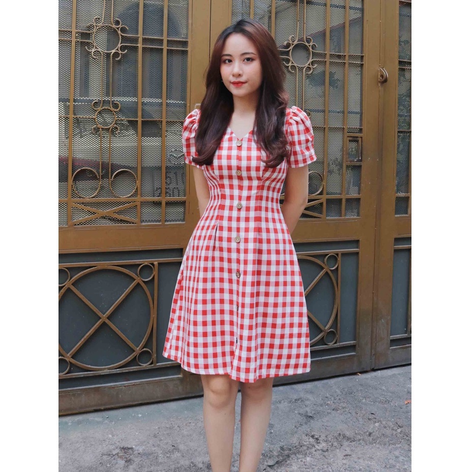 Đầm caro đỏ công sở thiết kế xòe cổ v đẹp tay ngắn thời trang trẻ trung thanh lịch đi làm đi chơi cho nàng bánh bèo