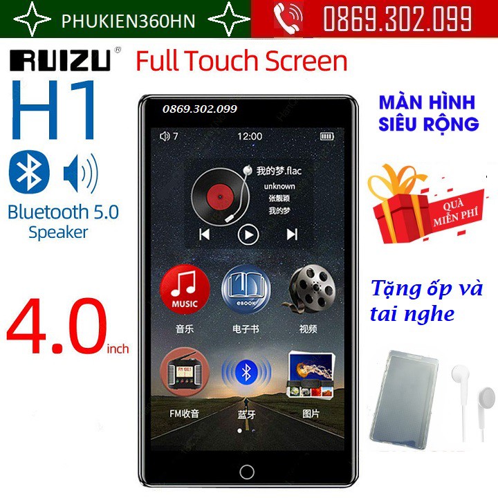 Máy nghe nhạc ruizu H1 hifi,bluetooth 5.0,8GB bộ nhớ trong,tặng ốp silicon và dây đeo,tai nghe