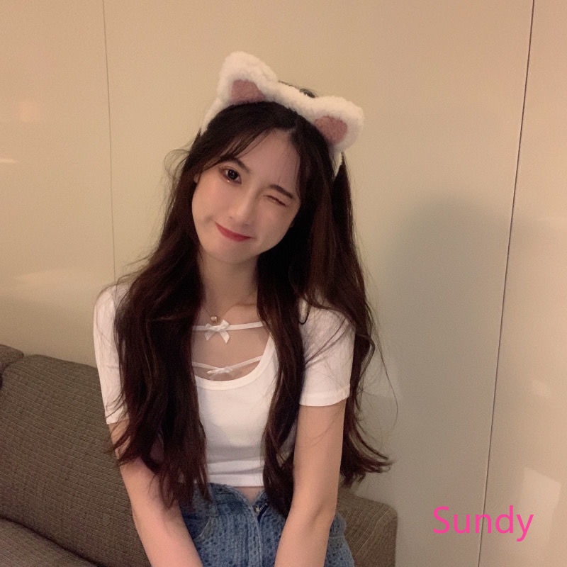 Áo croptop ngắn tay phối nơ xinh xắn thời trang hè cho nữ